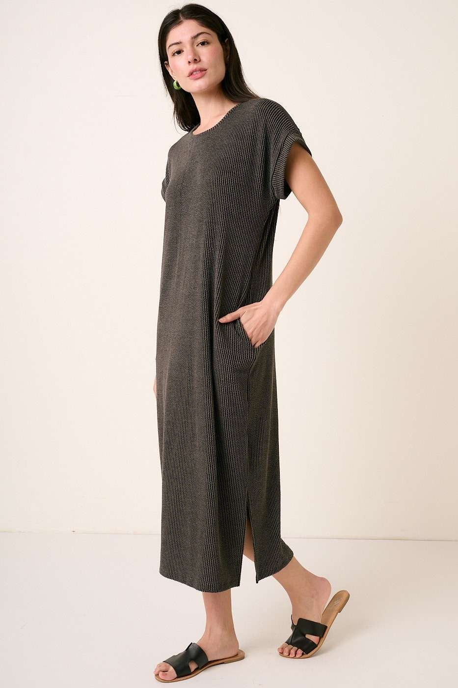 ribbed midi dress short sleeve Lightly Ribbed Short Sleeve Midi Dress Beige / M