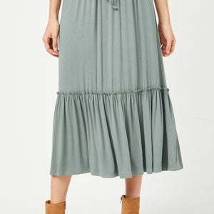 Womens Ruffle Knit Elastic Waist Midi Skirt